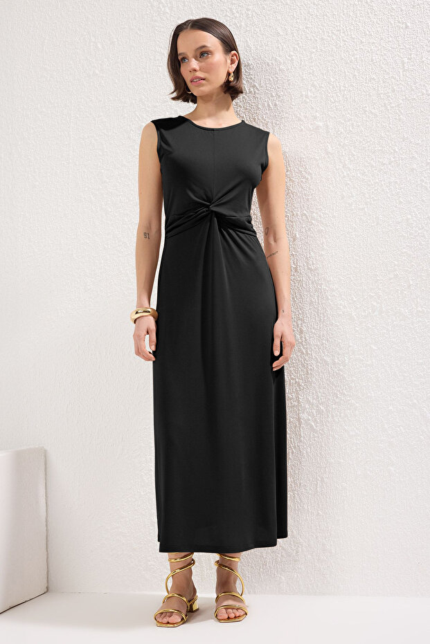 Siyah Düz Büzgü / Drape Maxi More Sustainable Modal Burgu Detaylı Esnek Örme Elbise TWOSS25EL00385 - 2