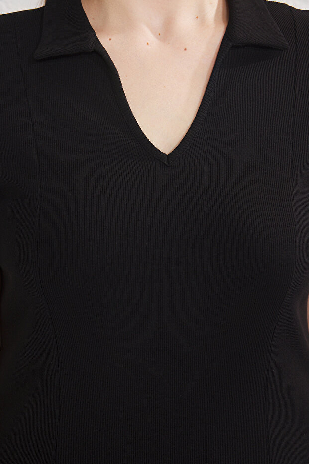 Siyah Polo Yaka Kaşkorse A-line Örme Büyük Beden Elbise TBBSS25AH00214 - 3