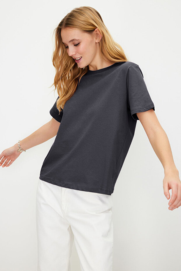 Antrasit %100 Pamuk Basic Bisiklet Yaka Örme T-Shirt TWOSS23TS00000 - 1