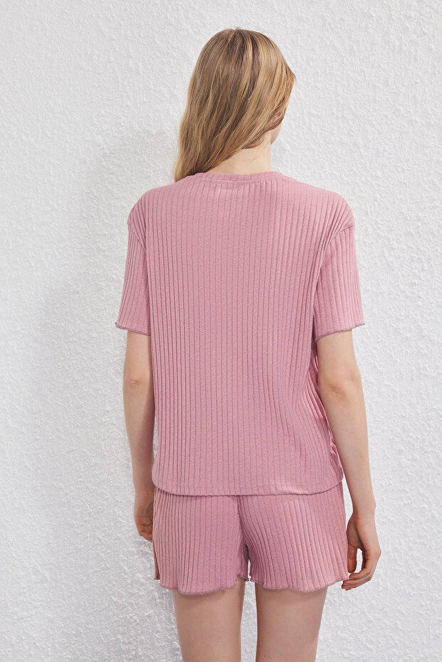 Gül Kurusu Slogan ve Kalp Nakışlı Fitilli Şortlu Örme Pijama Takımı THMSS25PT00402 - 5