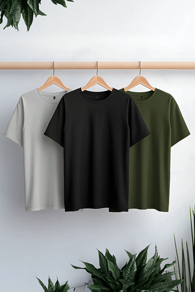 Unisex Siyah-Haki-Gri 3'lü Paket Slim/Dar Kesim Basic %100 Pamuk Tok Kumaş T-shirt TMNSS19BO0007 - 1