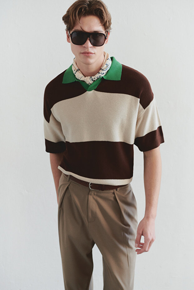 Çok Renkli Oversize Polo Yaka Renk Bloklu Triko Polo Yaka T-shirt TMNSS25PO00037 - 1