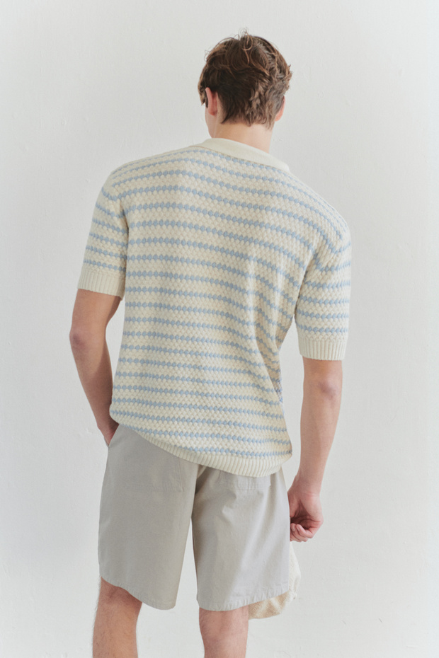 Ekru Regular Çizgili Dokulu Triko Polo Yaka T-shirt TMNSS25PO00007 - 2