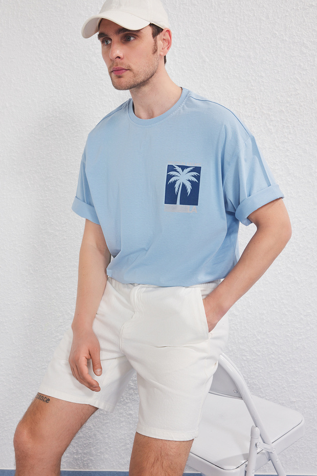 Mavi-Antrasit Oversize/Geniş Kesim 2'li Paket Baskılı-Düz %100 Pamuk T-Shirt TMNSS25TS00212 - 4