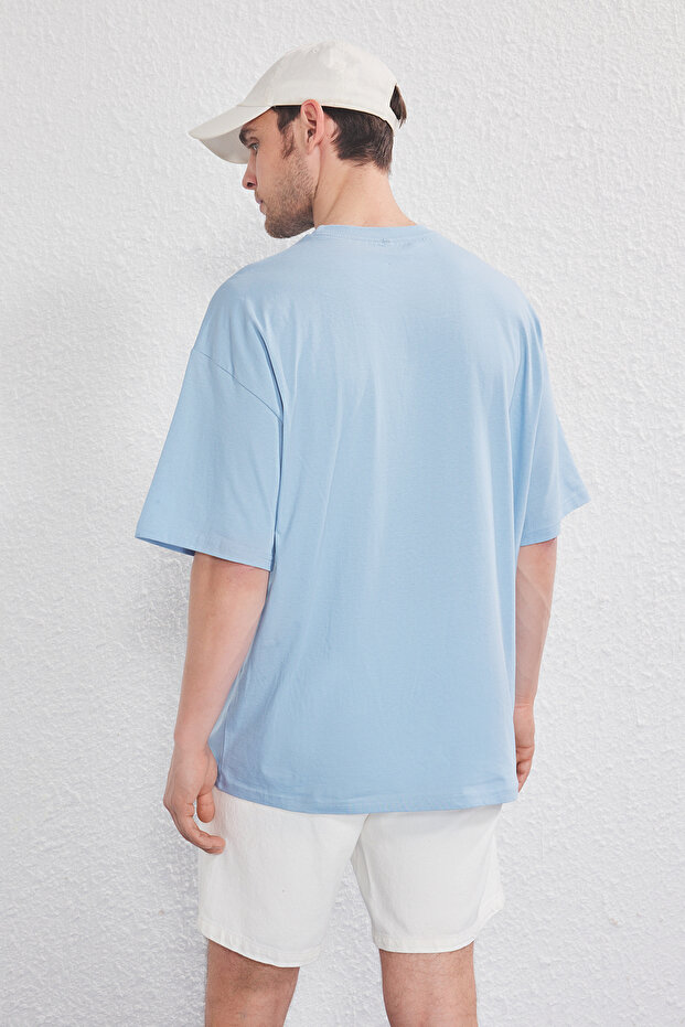 Mavi-Antrasit Oversize/Geniş Kesim 2'li Paket Baskılı-Düz %100 Pamuk T-Shirt TMNSS25TS00212 - 5