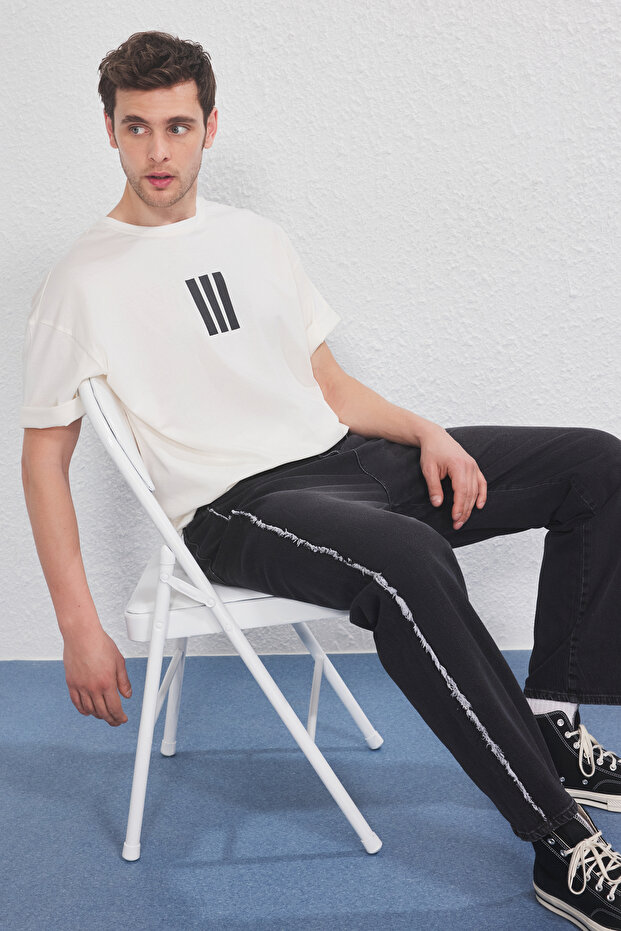 Ekru-Siyah Oversize/Geniş Kesim 2'li Paket Çizgi Baskılı %100 Pamuk T-Shirt TMNSS25TS00210 - 4