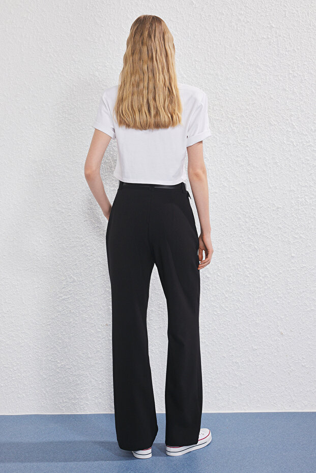 Siyah Kemerli Wide Leg/Geniş Paça Dokuma Pantolon TWOSS25PL00104 - 4