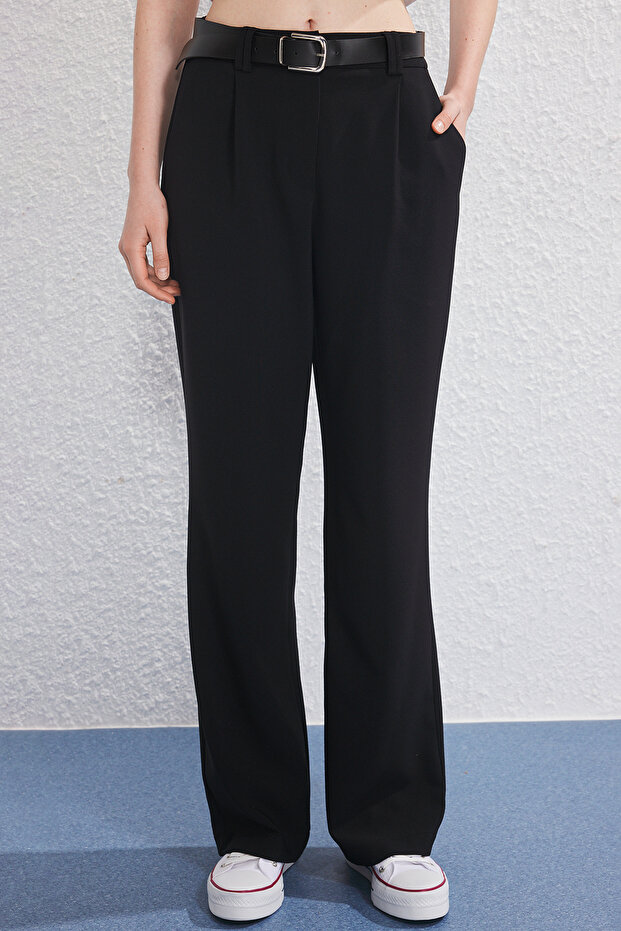 Siyah Kemerli Wide Leg/Geniş Paça Dokuma Pantolon TWOSS25PL00104 - 3