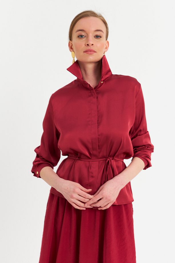 Kadın Bordo Beli Bağlamalı Saten Gömlek MMRS4212 - 4