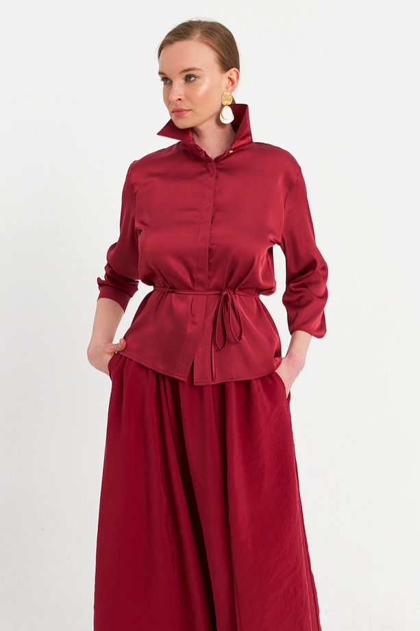 Kadın Bordo Beli Bağlamalı Saten Gömlek MMRS4212 - 3