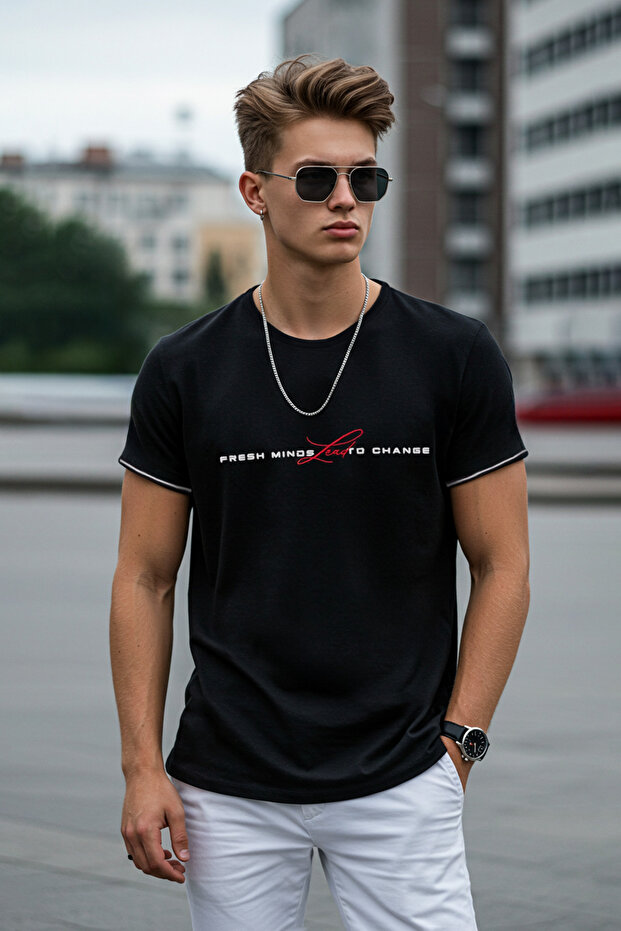 Siyah Regular/Normal Kesim Yazı Baskılı Triko Bantlı %100 Pamuk T-Shirt TMNSS25TS00110 - 2