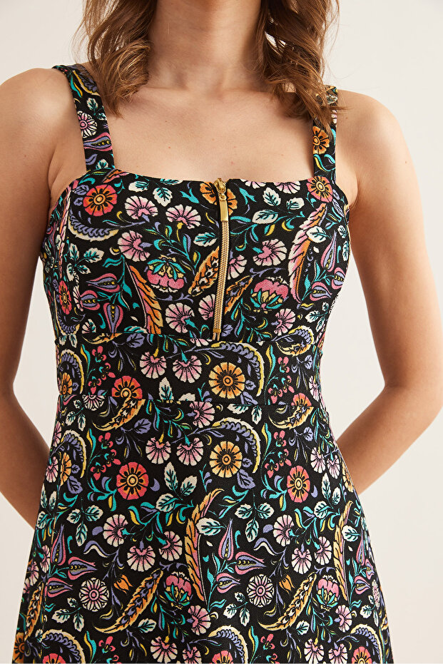 Kadın Renkli Çiçekli Fermuarlı Desenli Örme Elbise ELB-19000615 - 6