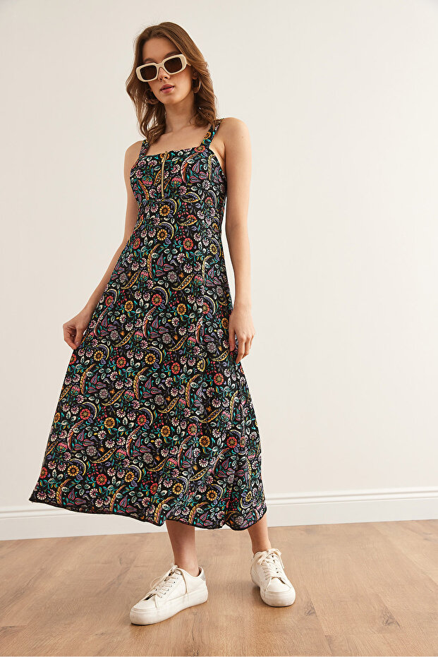 Kadın Renkli Çiçekli Fermuarlı Desenli Örme Elbise ELB-19000615 - 3