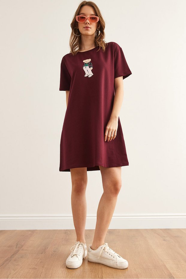 Women's Burgundy Teddy Bear Printed Tunic Dress Elb- 19002352
