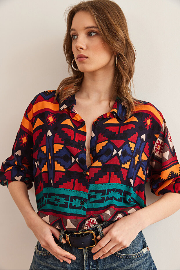 Kadın Aztek Çok Renkli Yıkamalı Yumuşak Dokulu Desenli Viskon Gömlek GML-19001305 - 4