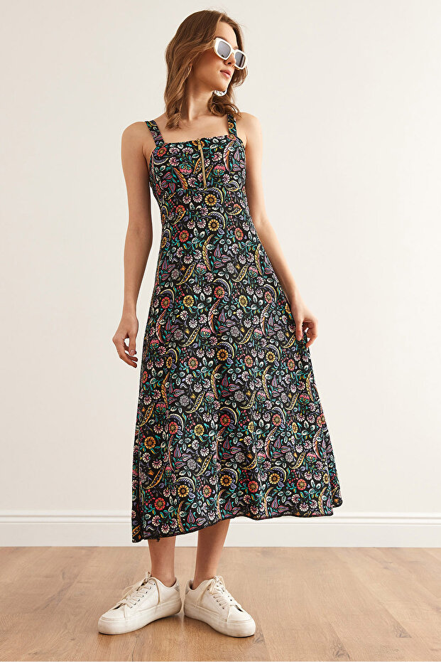 Kadın Renkli Çiçekli Fermuarlı Desenli Örme Elbise ELB-19000615 - 1