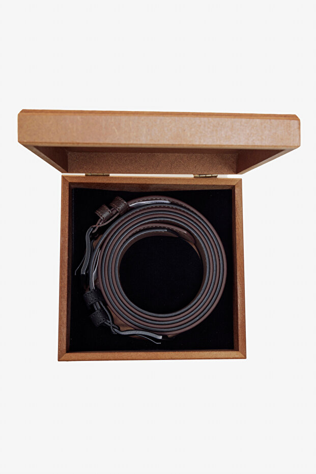 Erkek Siyah-Kahverengi 2'li Özel Ahşap Hediye Kutulu  Kot Kemeri Seti Damat Bohçası - 1