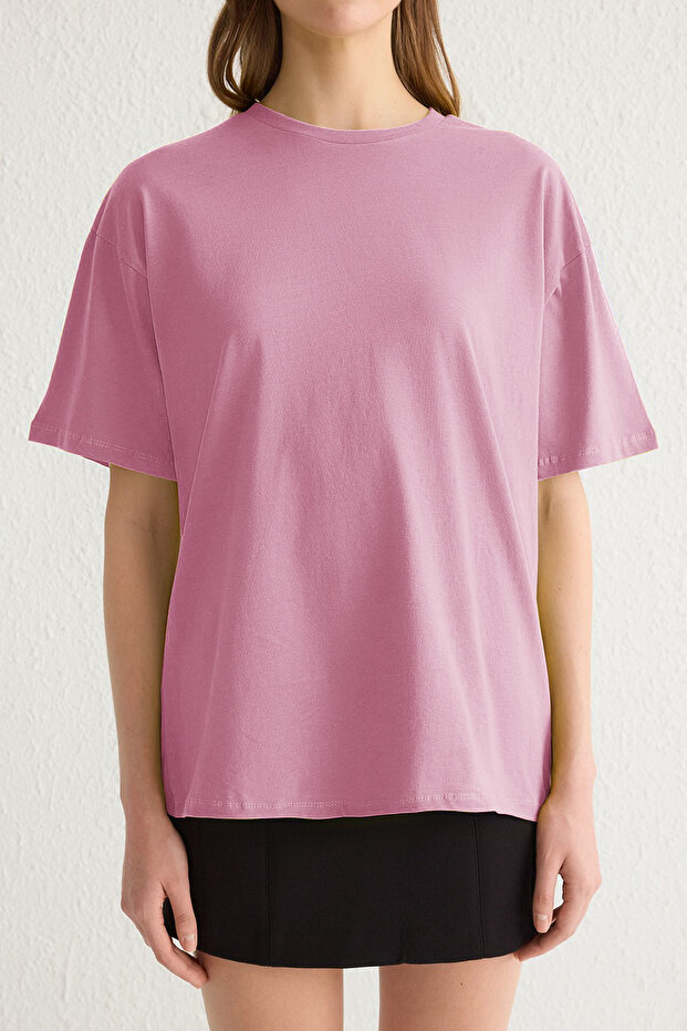 Açık Pembe %100 Pamuk Bisiklet Yaka Oversize/Geniş Kalıp Örme T-Shirt TWOSS20TS0134 - 4