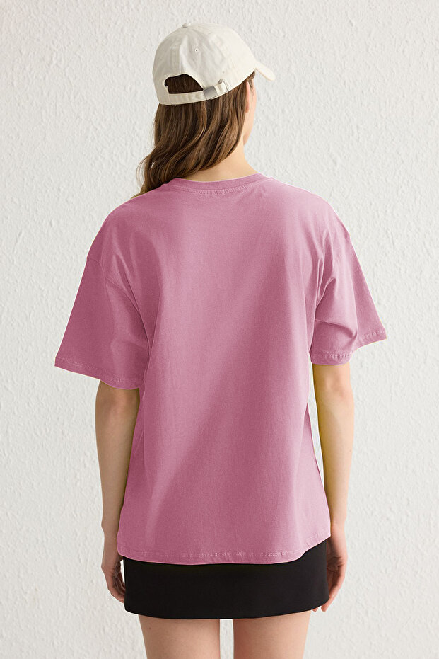 Açık Pembe %100 Pamuk Bisiklet Yaka Oversize/Geniş Kalıp Örme T-Shirt TWOSS20TS0134 - 5