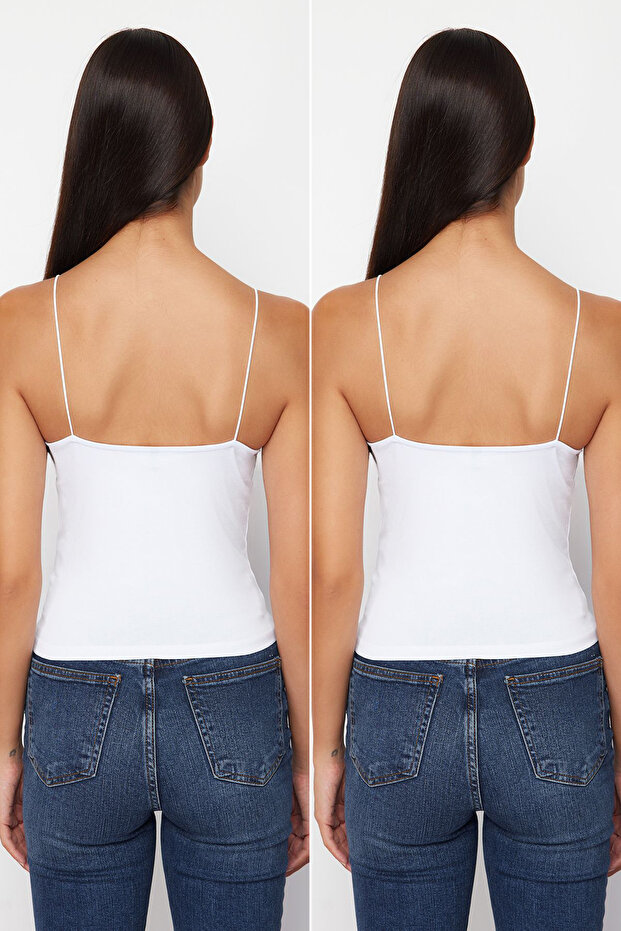 Beyaz-Beyaz Askılı Regular Boy Vücuda Oturan Esnek 2'li Paket Örme Atlet TWOSS24AL00048 - 2