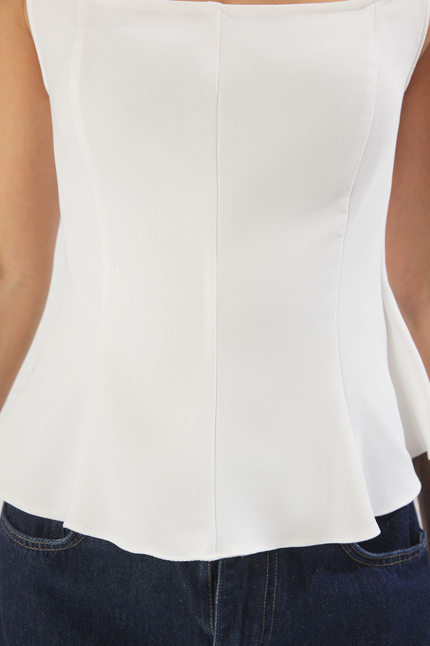 Beyaz Fitted Kare Yaka Peplum Dokuma Bluz TWOSS25BZ00497 - 3