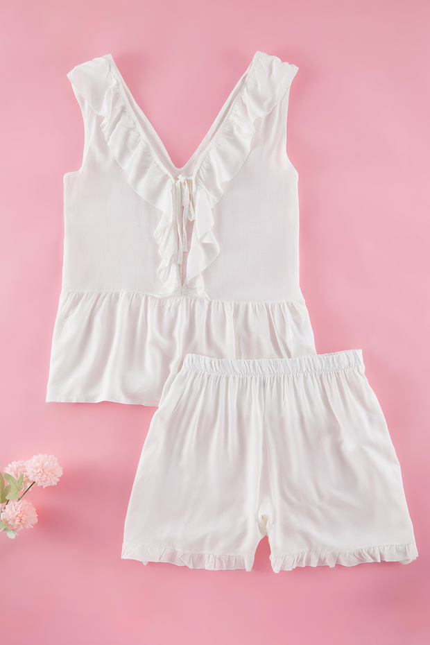 Ekru Fırfır ve Bağlama Detaylı Dokuma Pijama Takımı TBBSS25AI00099 - 5