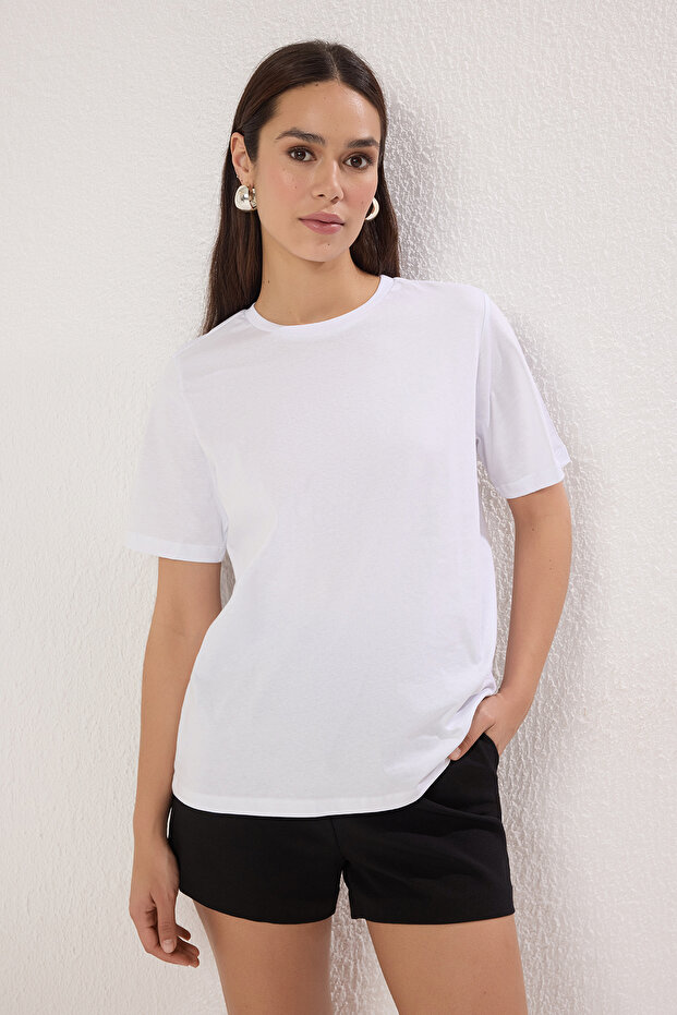 Beyaz-Beyaz Basic %100 Pamuk Bisiklet Yaka 2'li Paket Örme T-Shirt TWOSS20TS0141 - 2