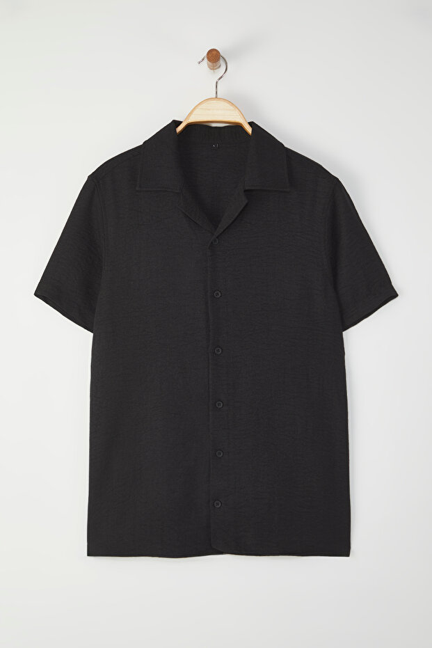 Siyah Regular Fit Keten Görünümlü Salaş Dökümlü Gömlek TMNSS25GO00075 - 5