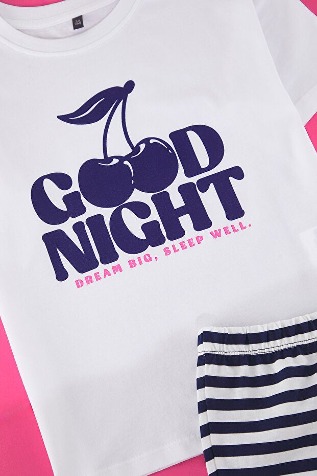 Lacivert Kız Çocuk %100 Pamuk Slogan Baskılı Mini Me/Anne-Kız Örme Pijama Takımı TKDSS25PT00023 - 4