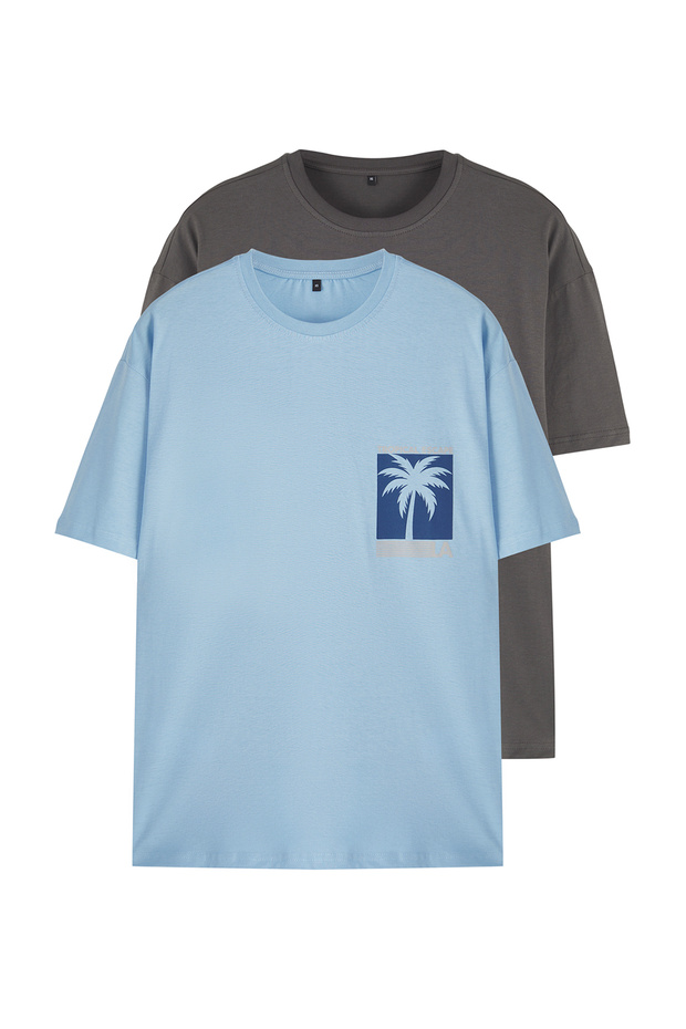 Mavi-Antrasit Oversize/Geniş Kesim 2'li Paket Baskılı-Düz %100 Pamuk T-Shirt TMNSS25TS00212 - 12