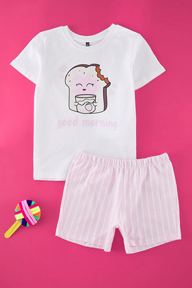 Pembe Kız Çocuk %100 Pamuk Çizgili Kısa Kol Mini Me/Anne-Kız Örme Pijama Takımı TKDSS25PT00022 - 3
