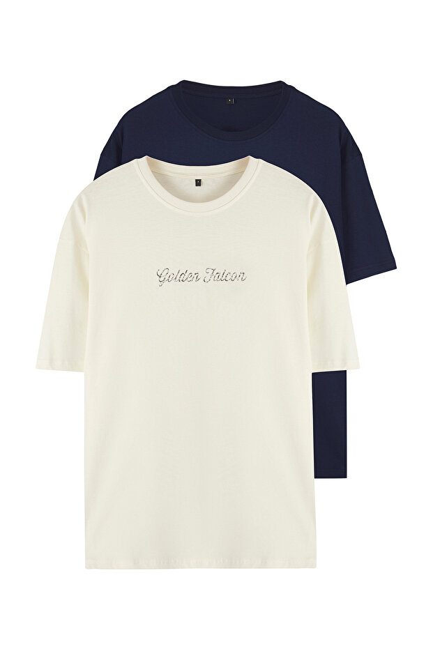 Lacivert-Bej Oversize/Geniş Kesim 2'li Paket Yazı Baskılı-Düz %100 Pamuk T-Shirt TMNSS25TS00215 - 13