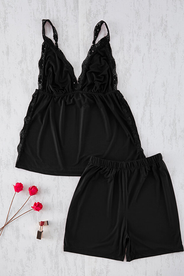 Siyah V Yaka Dantelli Örme Pijama Takımı TBBSS25AI00087 - 4