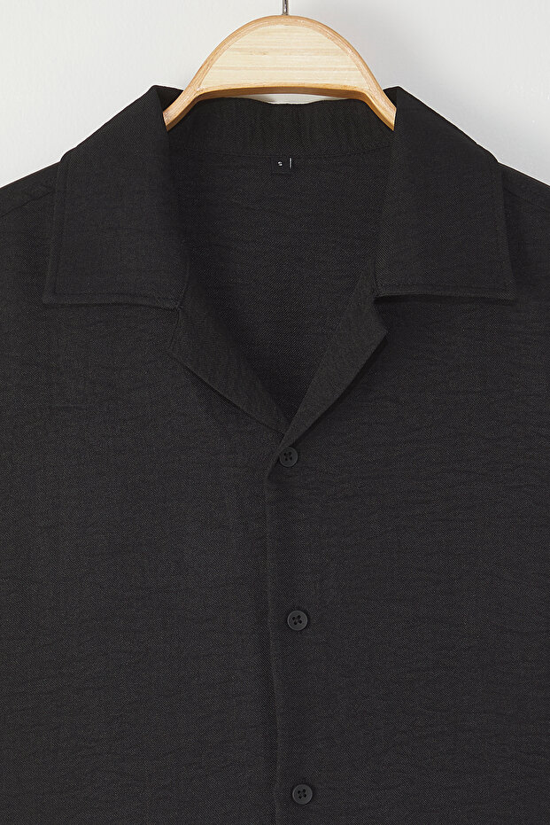 Siyah Regular Fit Keten Görünümlü Salaş Dökümlü Gömlek TMNSS25GO00075 - 6