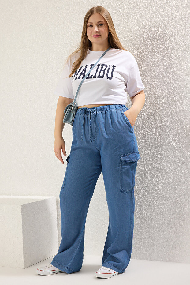 Mavi Yüksek Bel Beli Lastikli Geniş Paça İnce/Yazlık Büyük Beden Wide Leg Jeans TBBSS25CJ00003 - 1