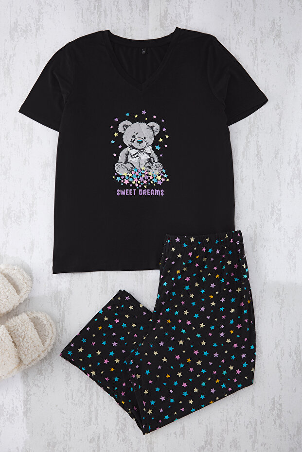 Siyah V Yaka Ayıcık & Yıldız Desenli Kapri Viskon Örme Pijama Takımı TBBSS25AI00068 - 3