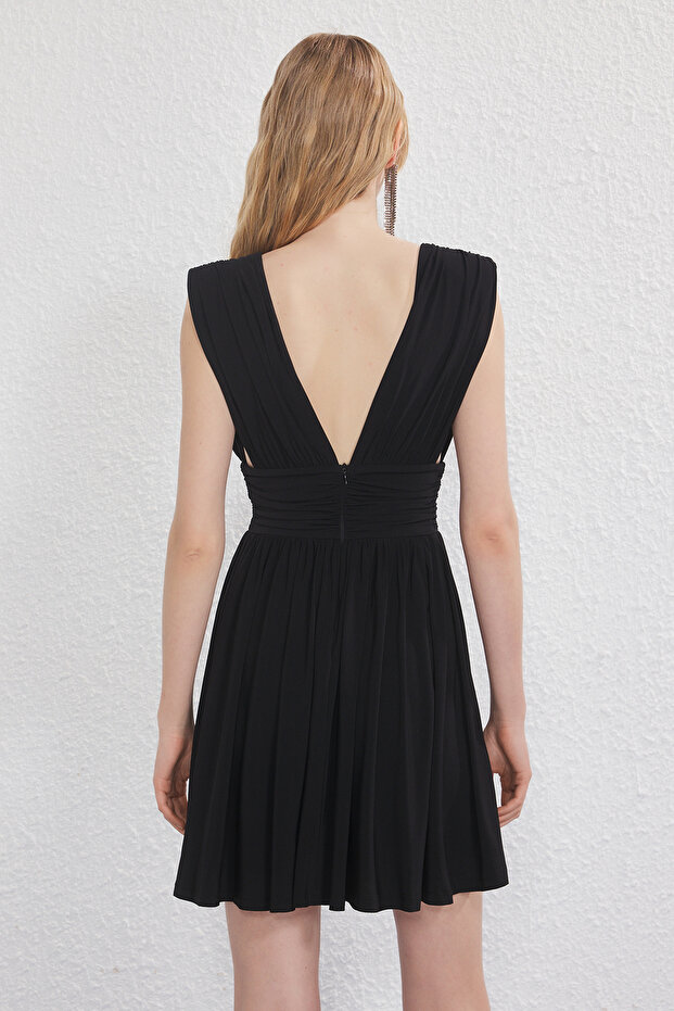 Siyah Belden Açılan Örme Mini Abiye Gece Mezuniyet Elbisesi TPRSS25EL00291 - 4