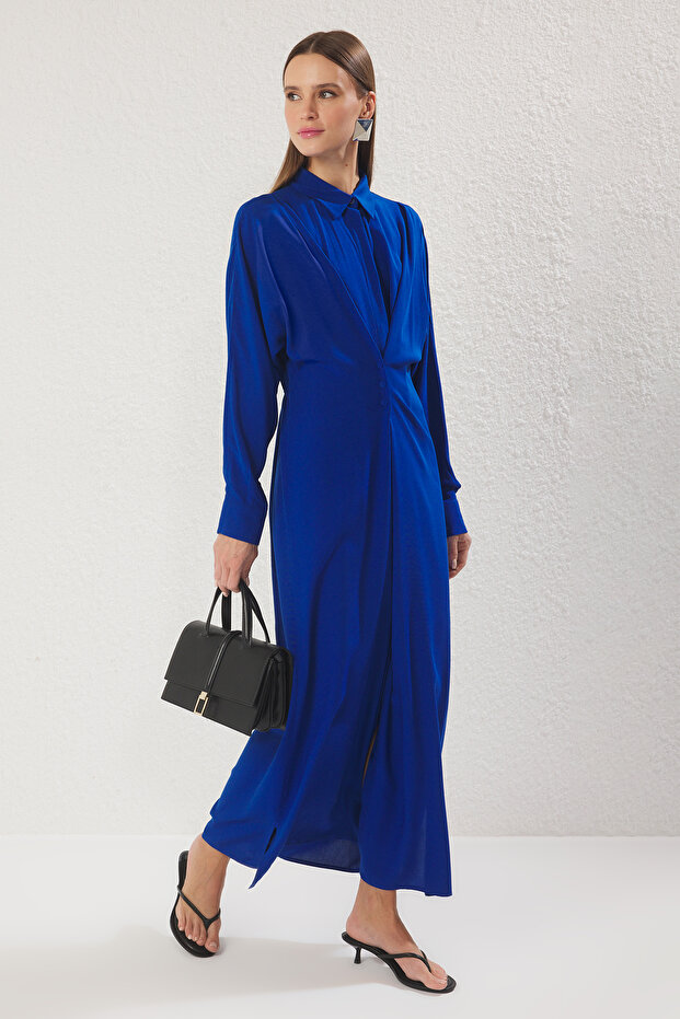 Cobalt blue Navy Blue Button Detailed Unlined Woven Maxi Dress Tctss25Eb00120