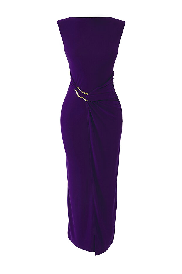 Mor Bodycone/Vücuda Oturan Aksesuar Detaylı Ay Kol Kayık Yaka Midi Örme Elbise TWOSS25EL00699 - 5