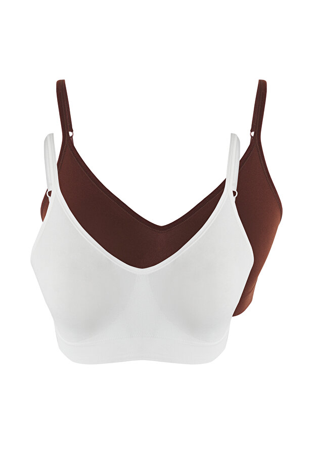 Ekru-Kahverengi 2'li Seamless/Dikişsiz Balensiz Kapsız Askılı Bralette Sütyen THMSS25SU00014 - 10