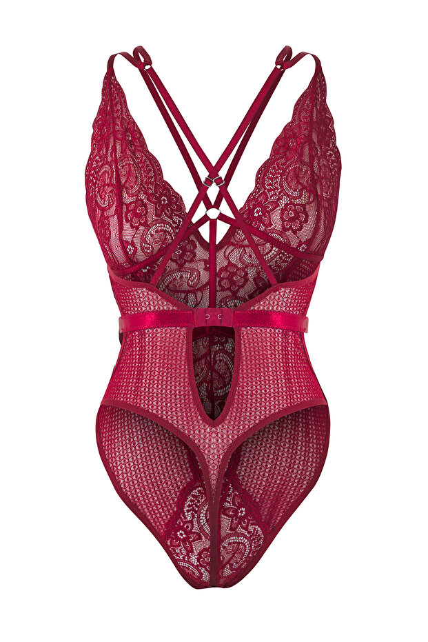 Koyu Vişne Dantel Ajurlu/Delikli Biye Detaylı Kapsız Örme Body THMSS25BD00002 - 7