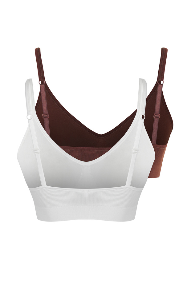 Ekru-Kahverengi 2'li Seamless/Dikişsiz Balensiz Kapsız Askılı Bralette Sütyen THMSS25SU00014 - 11