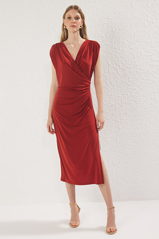 Kiremit Düz Büzgü / Drape Midi Büzgü Drape Detaylı Kruvaze Yaka  Örme Elbise TWOSS25EL00098 - 1