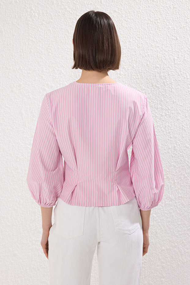 Pembe Kruvaze Çizgili Dokuma Bluz TWOSS25BZ00170 - 5
