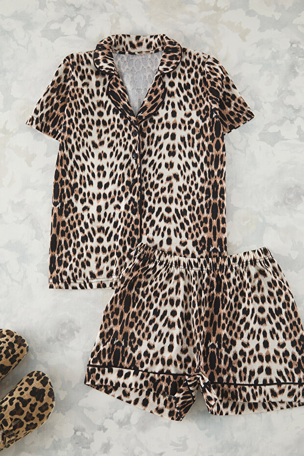 Kahverengi %100 Pamuklu Leopar Desenli Şortlu Örme Pijama Takımı THMSS24PT00392 - 5