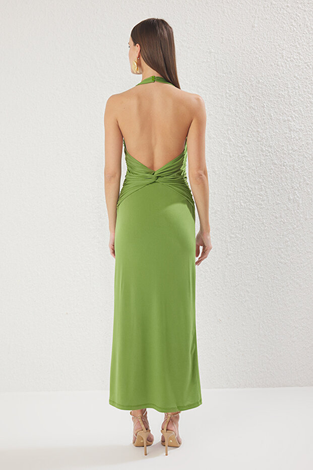 Yağ Yeşil Düz Büzgü / Drape Midi Burgu Detaylı Esnek Örme Elbise TWOSS25EL00676 - 4