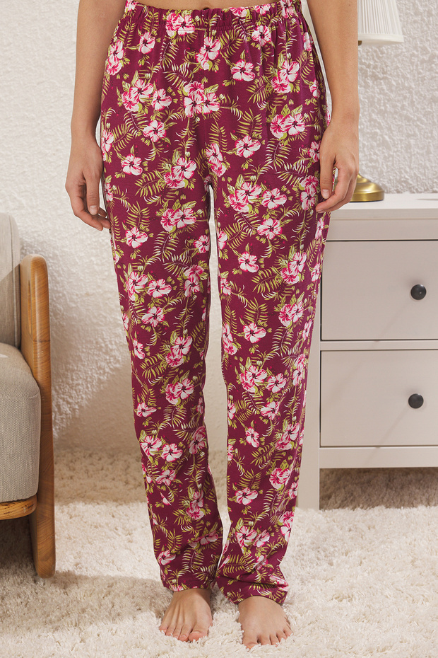 Fuşya-Çok Renkli %100 Pamuklu Çiçekli Örme Pijama Takımı THMSS24PT00230 - 3