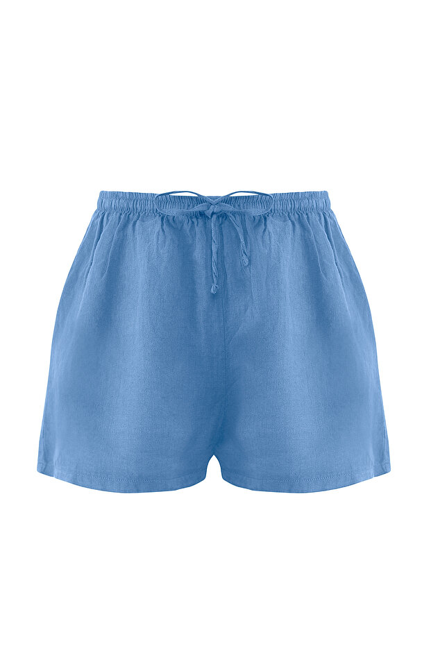 Mavi Dokuma %100 Keten Plaj Mini Yüksek Bel Şort & Bermuda TBESS25SR00013 - 5