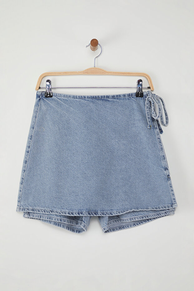 Mavi Kruvaze Bağlama Detaylı Yüksek Bel Denim Şort Etek TWOSS25SR00111 - 6