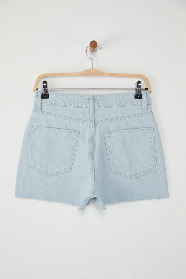 Buz Mavisi Yüksek Bel Paçası Yırtmaç Detaylı Mini Denim Şort TWOSS25SR00160 - 7